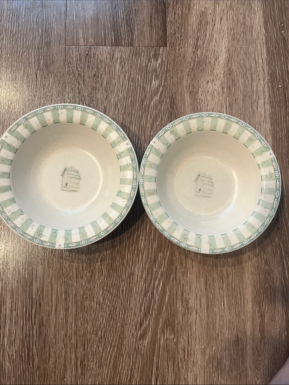 Pfaltzgraff Naturewood Cream Bowls with Soft Green Stripe Border - Set of 2